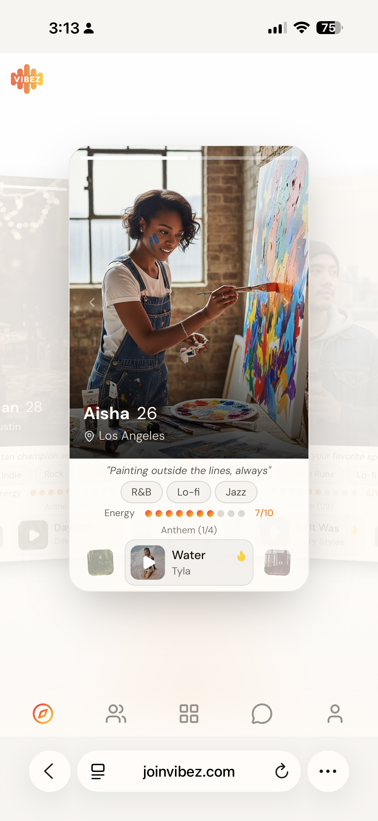 Profile discovery built around music, interests, and energy