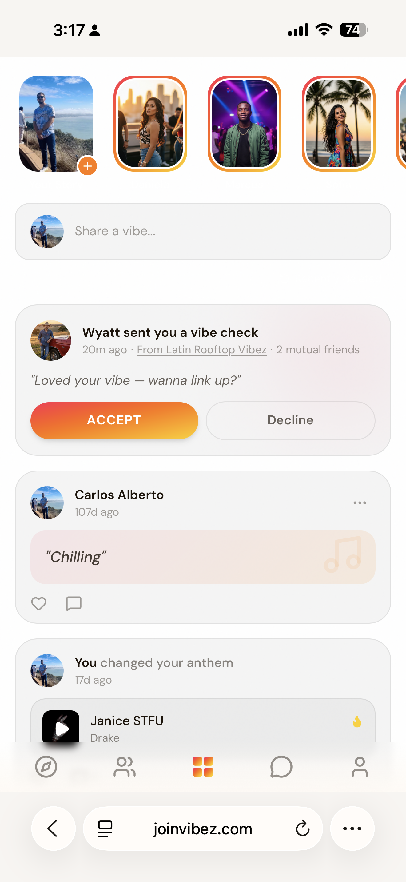Social feed with vibe checks, updates, and anthems