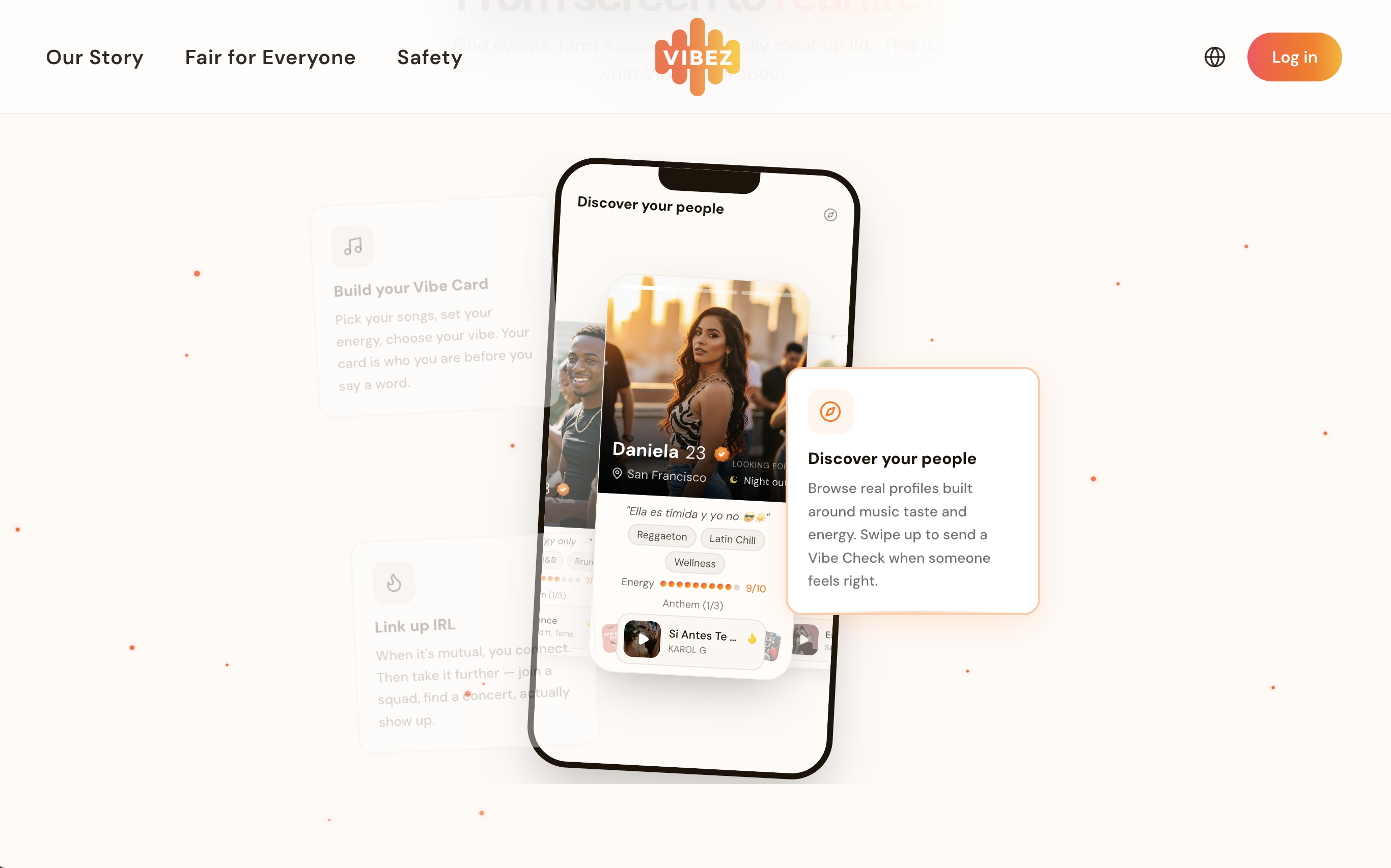 Discover people through shared music, interests, and energy.